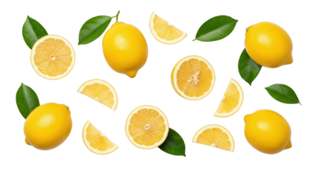 Bright Yellow Lemons Whole And Sliced Scattered With Green Leaves On A Transparent Background Isolate Fruit Citrus Leaf Fresh Ingredient Food Natural Healthy