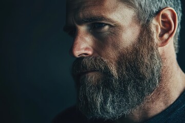 Bearded man in a dark setting looking intently at the camera while wearing a cap and showcasing a thoughtful expression and rugged appearance