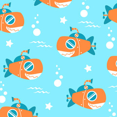 submarine ship sea seamless pattern vector cartoon design for kids apparel fullprint fabric