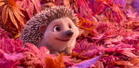 Obraz premium The essence of fall is captured in a cheerful and playful manner by a cute hedgehog smiling joyfully among vibrant autumn leaves, which showcases nature's beauty