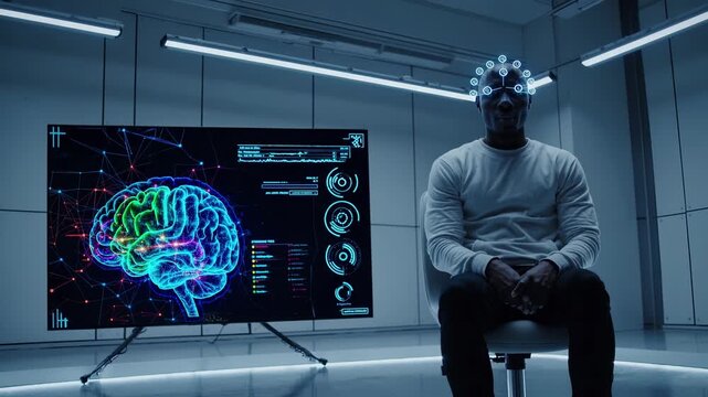 Man wearing eeg headset studies brain. Monitor displays colorful brain scan with data for neuroscience research. Clinical lab with technology and intelligence graphics. Subject seated calmly forward.