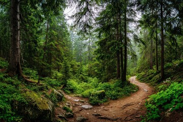 Obraz premium Lush Green Forest Path Through Dense Foliage with Sunlit Mist, Overgrown Trees and Leaves in a Tranquil Woodland