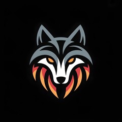 stylized wolf logo on a black background, with curved lines in gray and white, glowing amber triangles for eyes, and red and orange streaks