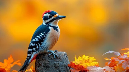 Woodpecker on autumn stump. A woodpecker on a stump among colorful autumn leaves, displaying its vivid colors in a tranquil scene.