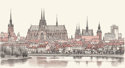 Fototapeta premium City skyline and cathedral reflected on river detailed architectural sketch.