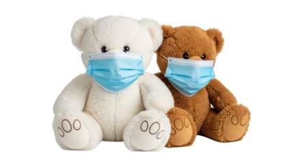 Two plush teddy bears one white and one brown wearing blue surgical face masks isolate plush toy stuffed animal surgical mask medical mask protection health