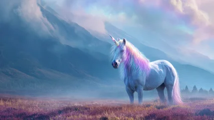 Wandcirkels Eenhoorn A majestic unicorn with a rainbow mane on an enchanted misty meadow, a fairytale magical creature  © Darya