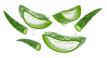 Freshly sliced aloe vera leaves with water droplets scattered showing translucent inner gel isolated on black green plant succulent natural healthy organic