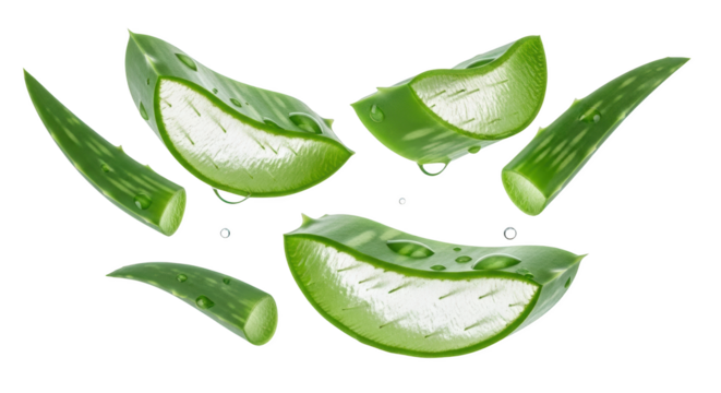 Freshly sliced aloe vera leaves with water droplets scattered showing translucent inner gel isolated on black green plant succulent natural healthy organic