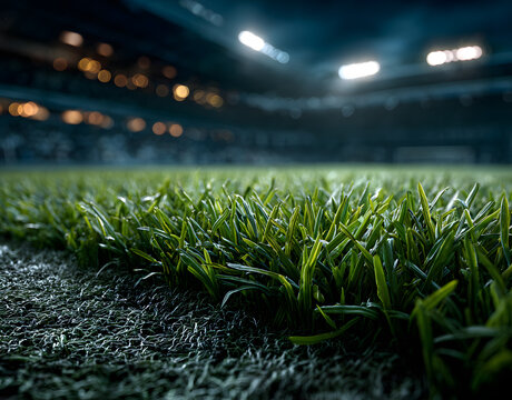 Vibrant close up of fresh green grass on stadium sport field at night. Bright stadium lights powerfully illuminate pristine playing turf. Empty arena stands ready for big game, major athletic