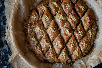 Healthy homemade baklava with nuts, gluten-free and sugar-free