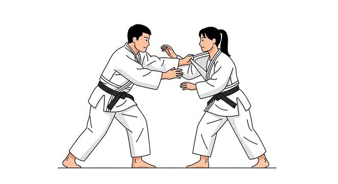Judo practitioners in action, demonstrating a grappling technique, training session. - Powered by Adobe
