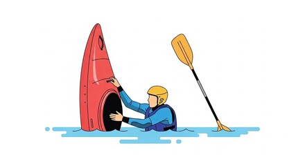 Kayaker in water with red kayak and paddle, preparing for adventure.