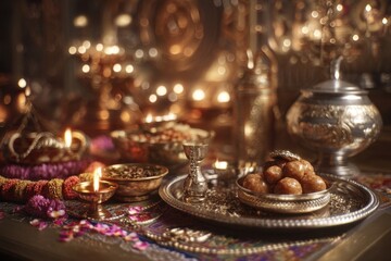 Obraz premium traditional silver plate with Indian sweets (ladoos, barfi) and oil lamps, placed on decorated table with flower garlands, rich warm lighting, no text.