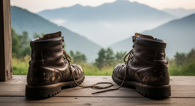 Rugged hiking boots resting on wooden porch with scenic mountain landscape and hazy sky in background symbolizing adventure journey travel