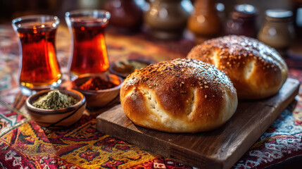 Traditional Moroccan bread with spices and mint tea on a patterned tablecloth, an authentic Middle Eastern kitchen scene
