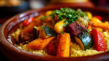 Traditional Moroccan couscous with stewed vegetables and spices, served in a clay tagine, authentic North African cuisine close-up