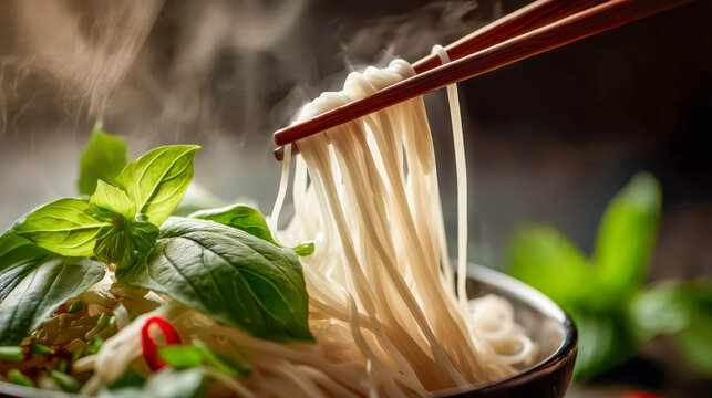 Steaming Vietnamese pho noodles lifted with chopsticks with fresh basil and chili, authentic Asian food close-up