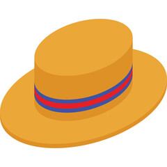 Orange straw hat with blue and red ribbon band detail isolated on white background studio lighting isometric view