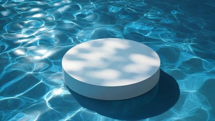 White cylindrical pedestal immersed in rippled blue water displaying sunlit reflections on its surface and the surrounding liquid