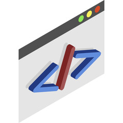 Isometric view of code brackets on a computer screen with red and blue colors and a gray background with transparent elements and soft shadows symbolizing programming and development