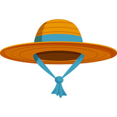 Orange straw sun hat with a light blue ribbon and ties casting a shadow isolated on a white background representing summer fashion and outdoor activities
