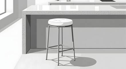Modern kitchen interior with a stylish bar stool by the counter, minimalist grayscale illustration showcasing contemporary design and simple elegance