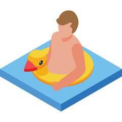 Isometric View of Person Floating in Water with Yellow Duck Inflatable Ring on Transparent Background