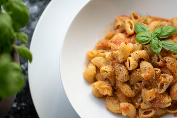 Vegan lentil pasta with basil and tomato pesto, fresh ingredients, healthy meal