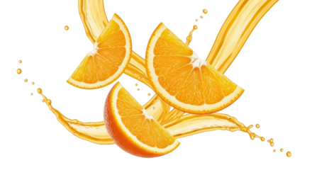 Three vibrant orange slices suspended mid air with a swirling stream of golden liquid and small droplets isolate Fruit Citrus Juice Splash Flow Drops Fresh