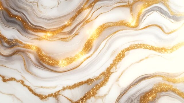 Luxurious and elegant marble texture with a fluid, wavy pattern. The dominant white and soft gray colors are interspersed with charming, sparkling gold veins.