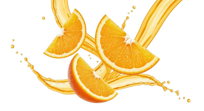 Three vibrant orange slices suspended mid air with a swirling stream of golden liquid and small droplets isolate Fruit Citrus Juice Splash Flow Drops Fresh - Powered by Adobe