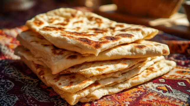 A stack of Moroccan msemen flatbreads on a traditional patterned cloth, a homemade North African breakfast