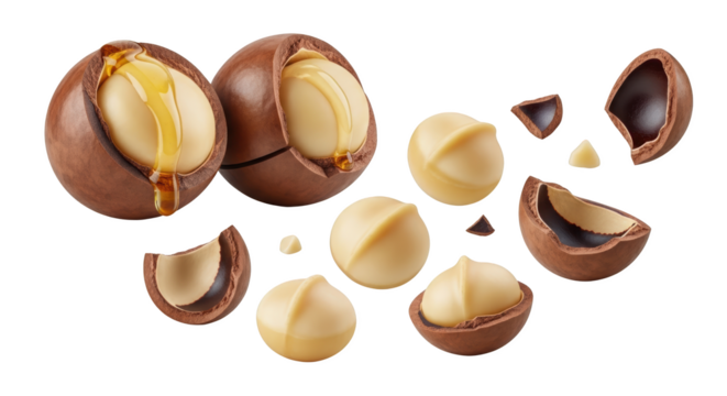 Whole Macadamia Nuts And Kernels Some Cracked Open Showing Drizzles Of Golden Honey Flying Against A Transparent Background Isolate Macadamia Kernel Dripping