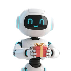 3D cute AI robot holding shopping and discount elements, representing online shopping, sales, and promotion concepts, isolated on png file.