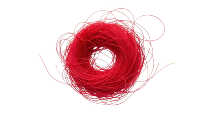 A tangled ball of bright red thread with loose strands extending outwards isolate yarn string craft textile material spool coil mess fiber hobby handmade