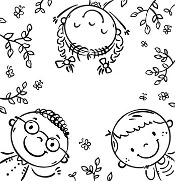 Square kids frame line art vector graphic. Funny children faces. Cartoon black white illustration