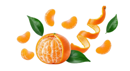 Peeled tangerine segments and swirling peel with green leaves scattered around a whole peeled tangerine isolate mandarin orange citrus fruit zest fresh