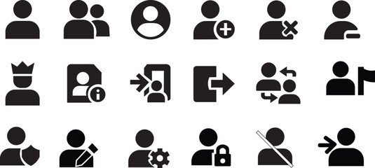 user profile and people management icons set with add delete settings and security features for web interface design isolated background.