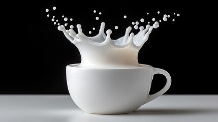 High speed photograph of a dynamic white milk splash erupting from a clean white ceramic cup against a stark black background with diffused studio lighting highlighting the liquid motion and droplets