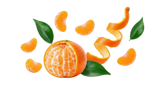 Peeled tangerine segments and swirling peel with green leaves scattered around a whole peeled tangerine isolate mandarin orange citrus fruit zest fresh - Powered by Adobe