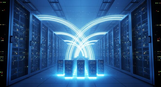 Data Center Server Room with Bright Blue Network Connections and Modern Technology