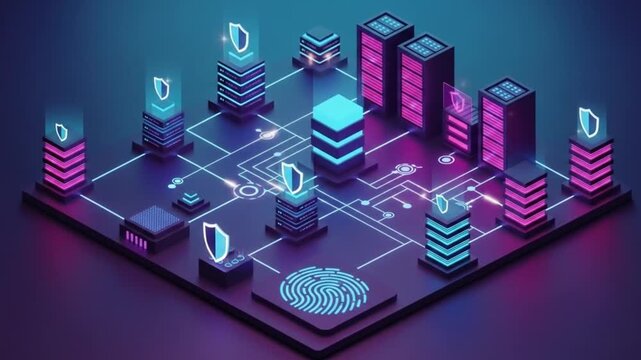Abstract digital network with server racks and security shields