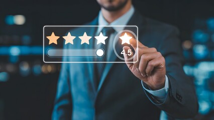 A businessman in a suit interacting with a glowing digital interface showing a 4.5 star rating system with a slider bar and dark blue background