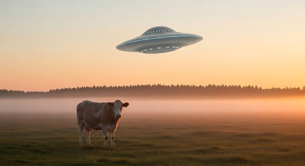 Cow Abduction - UFO Hovering Over Field at Sunrise.