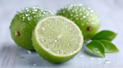 Macro Close Up of Fresh Green Lime Fruit Sliced in Half Covered in Sparkling Water Droplets Against a Soft White Background with Green Leaves Detailed Texture and Bright Lighting