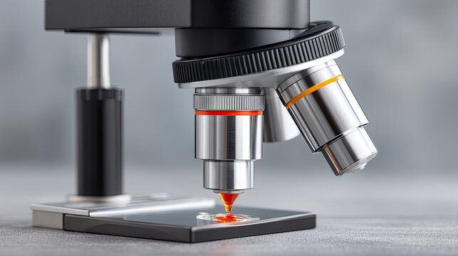 Macro Laboratory Microscope Focuses on Red Liquid Sample on Glass Slide with Metallic Objective Lenses Against a Textured Gray Background Under Studio Lighting
