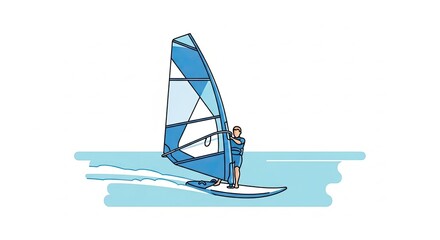 Stylized line art illustration of a person windsurfing on water.