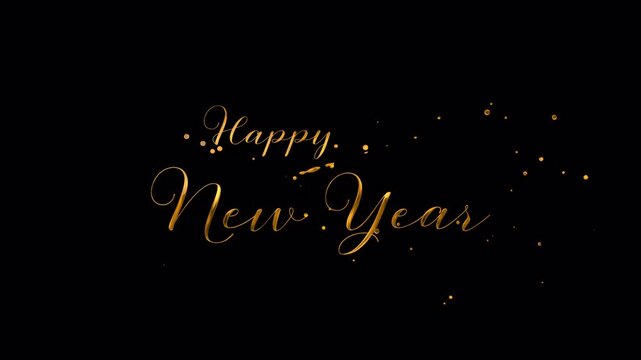 Golden calligraphy text spelling Happy New Year with shiny liquid gold effect on transparent background, festive and luxurious. 4K video
