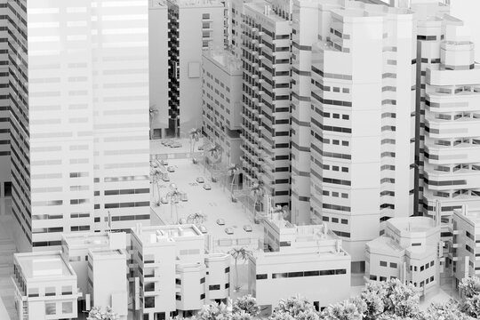 3D vertical blocks in dense white city render